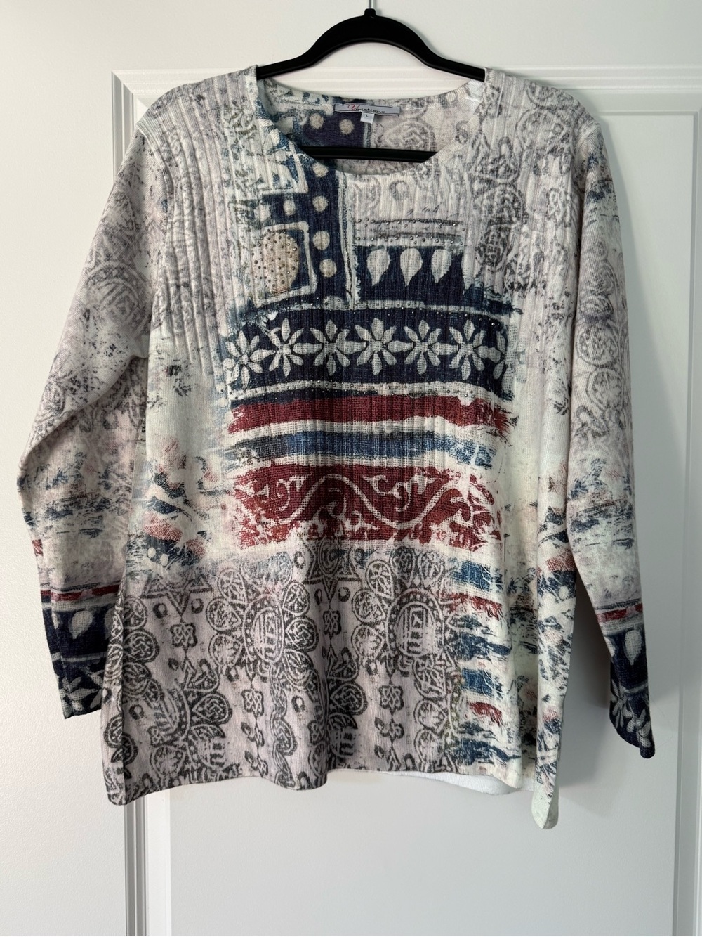 Printed Crewneck Sweater in Navy, Red & Gray